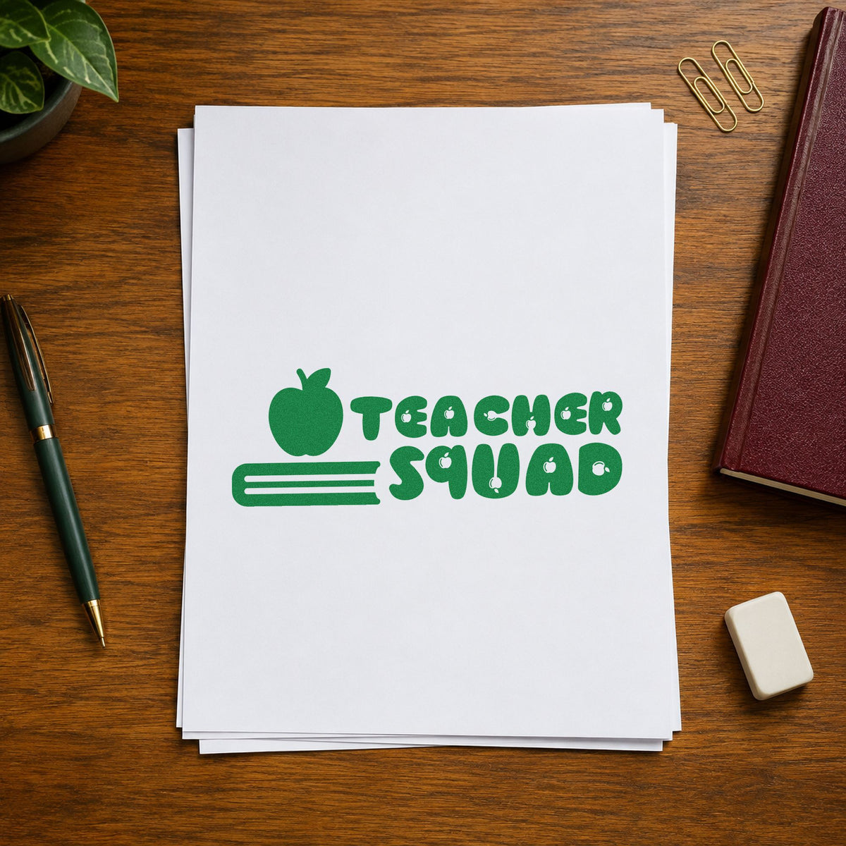Teacher Squad Apple Pencil craft stamp imprint in green ink on a handmade project, one idea being framed team office.