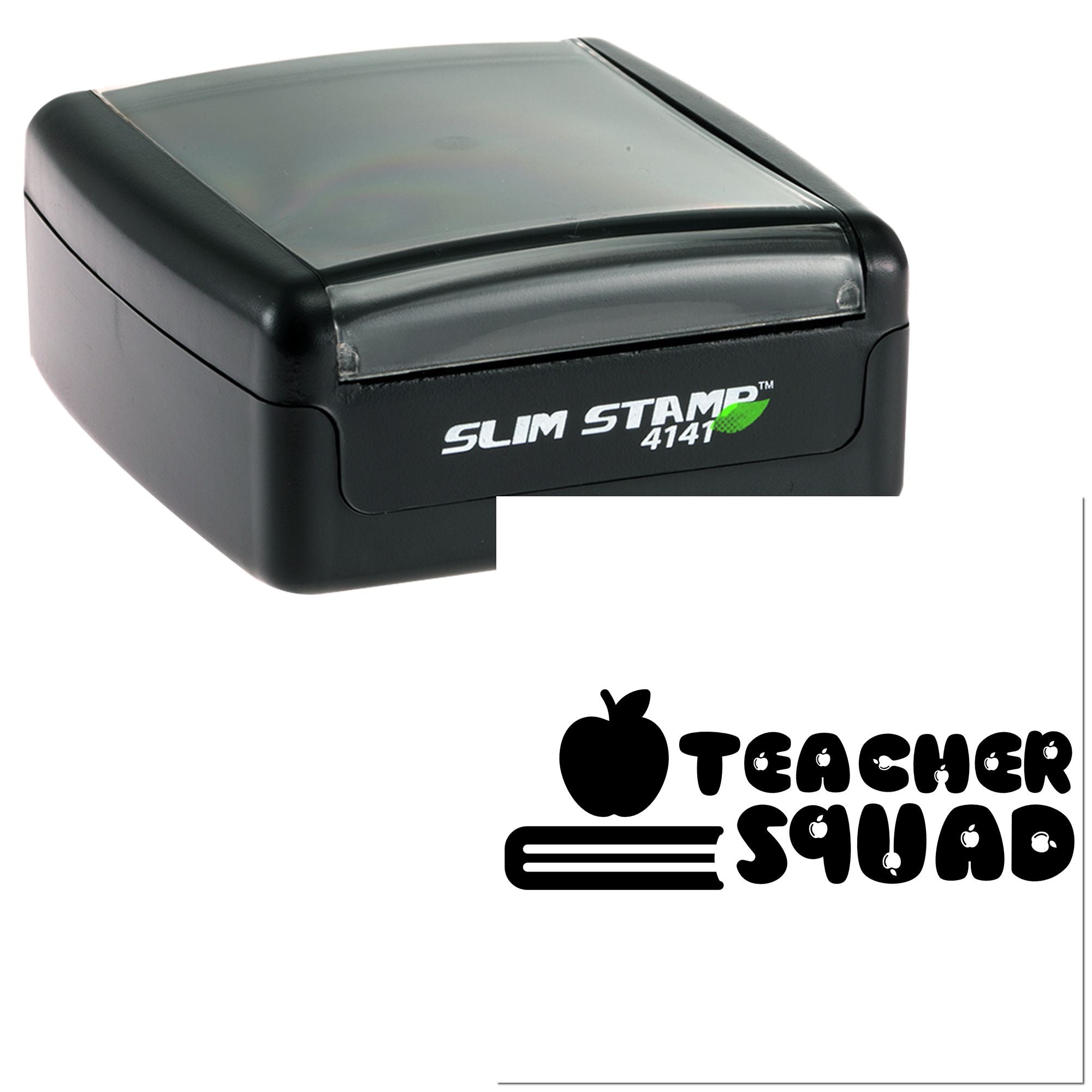 Black self-inking Slim Stamp 4141 with translucent gray lid and Teacher Squad logo on white background.