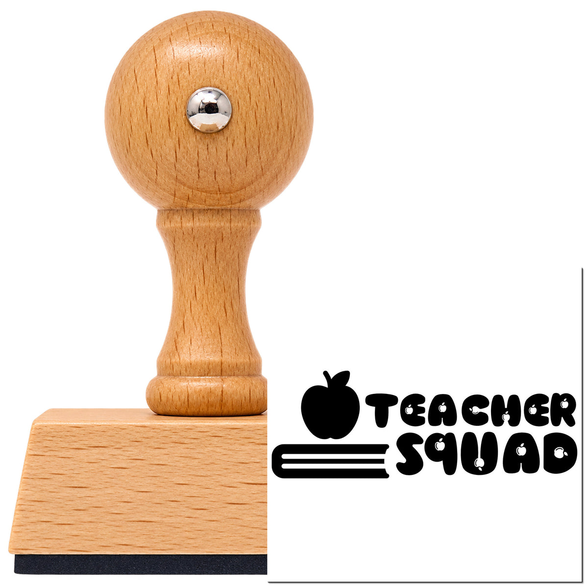 Vintage Pro beech wood stamp with a round knob handle, shown with its black Teacher Squad Apple Pencil Lettering imprint on white.