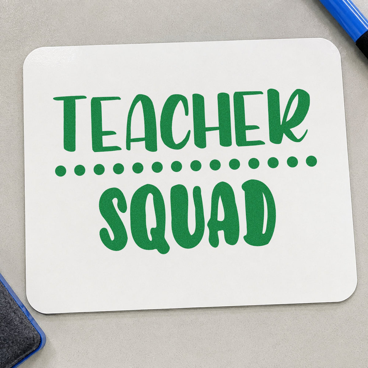 Teacher Squad Dotted Divider craft stamp imprint in green ink on a handmade project, one idea being timetable grid pages.