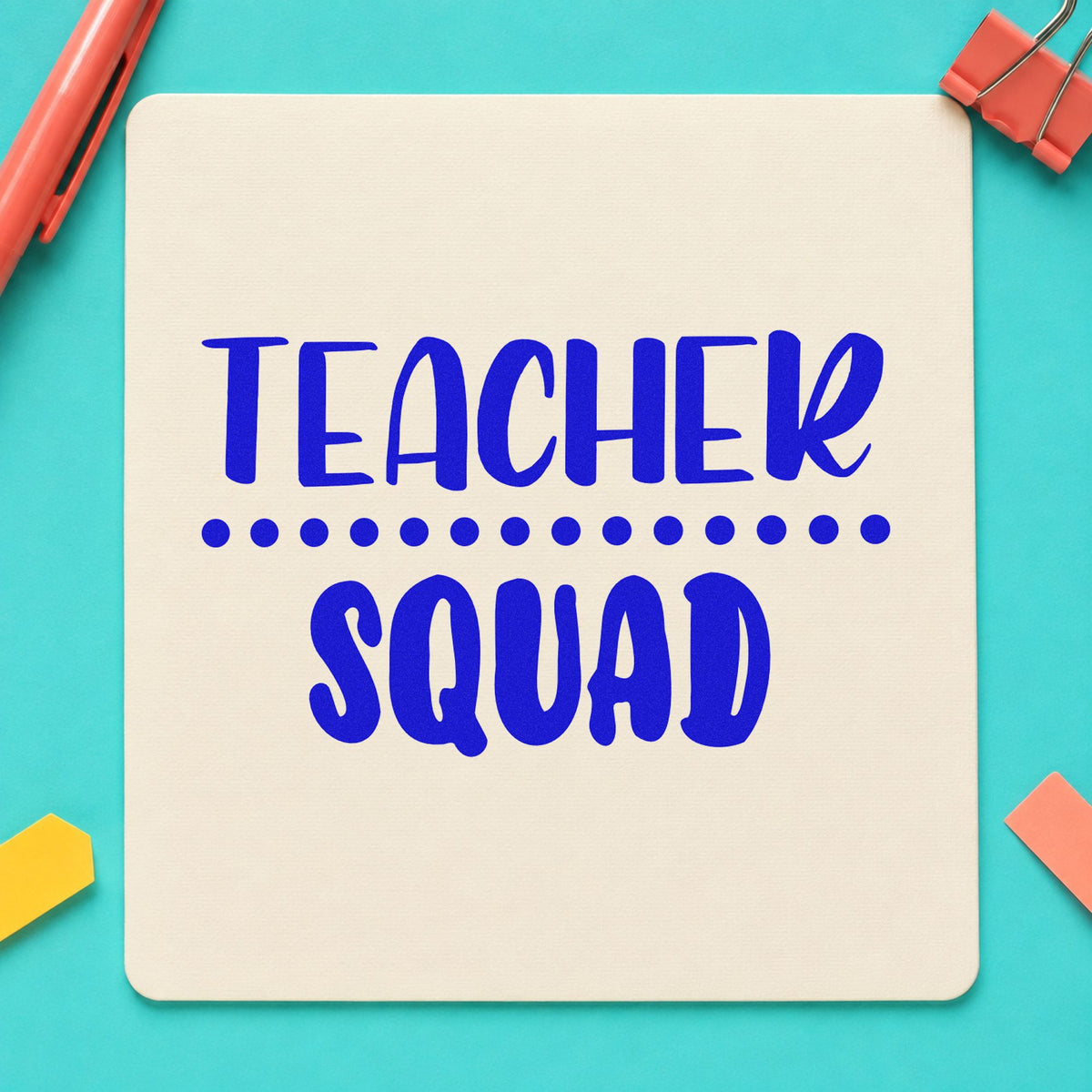 Teacher Squad Dotted Divider craft stamp in blue ink on cardstock, an easy option for lanyard cord panels.