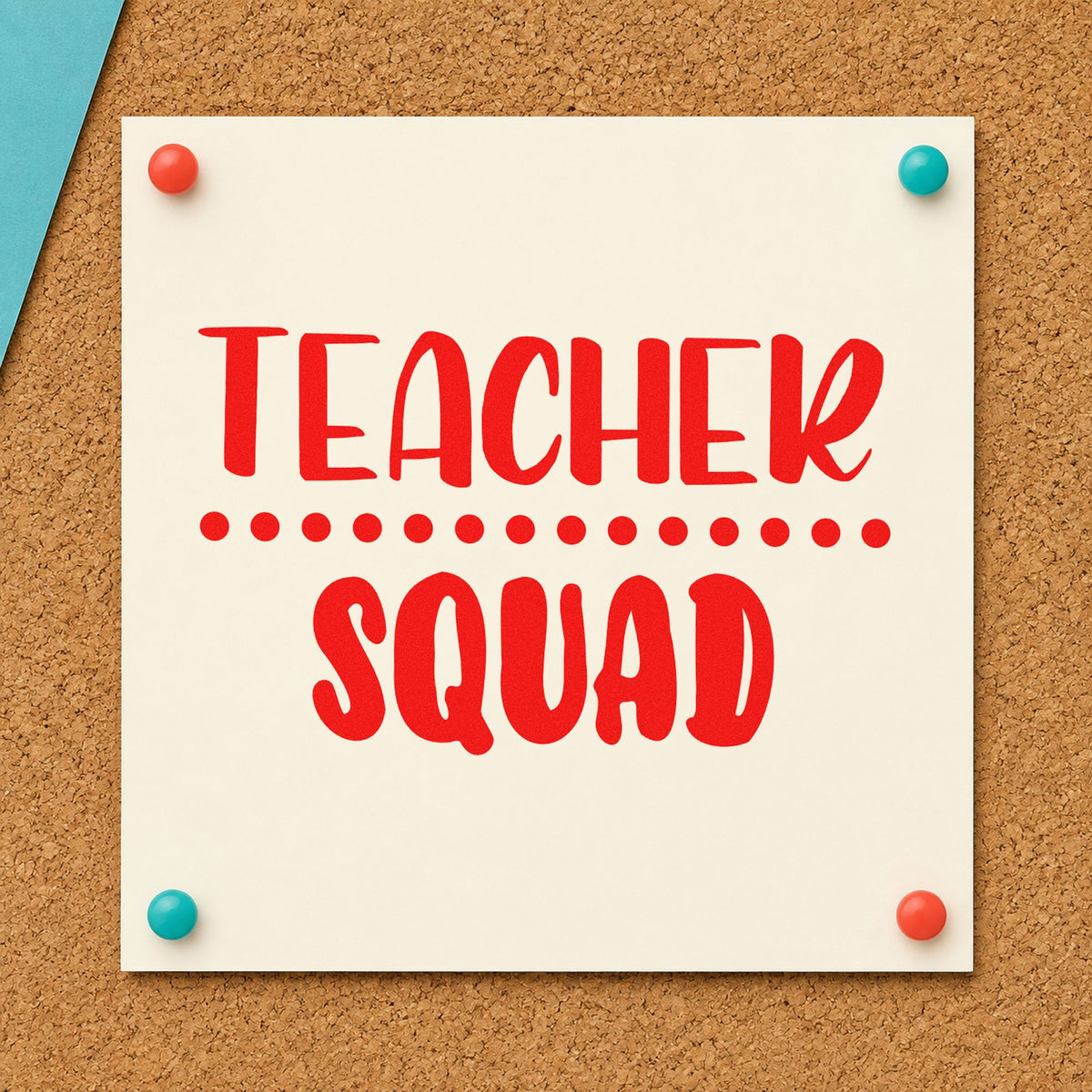 Teacher Squad Dotted Divider rubber stamp shown in red ink, stamped for projects such as cover week notes.