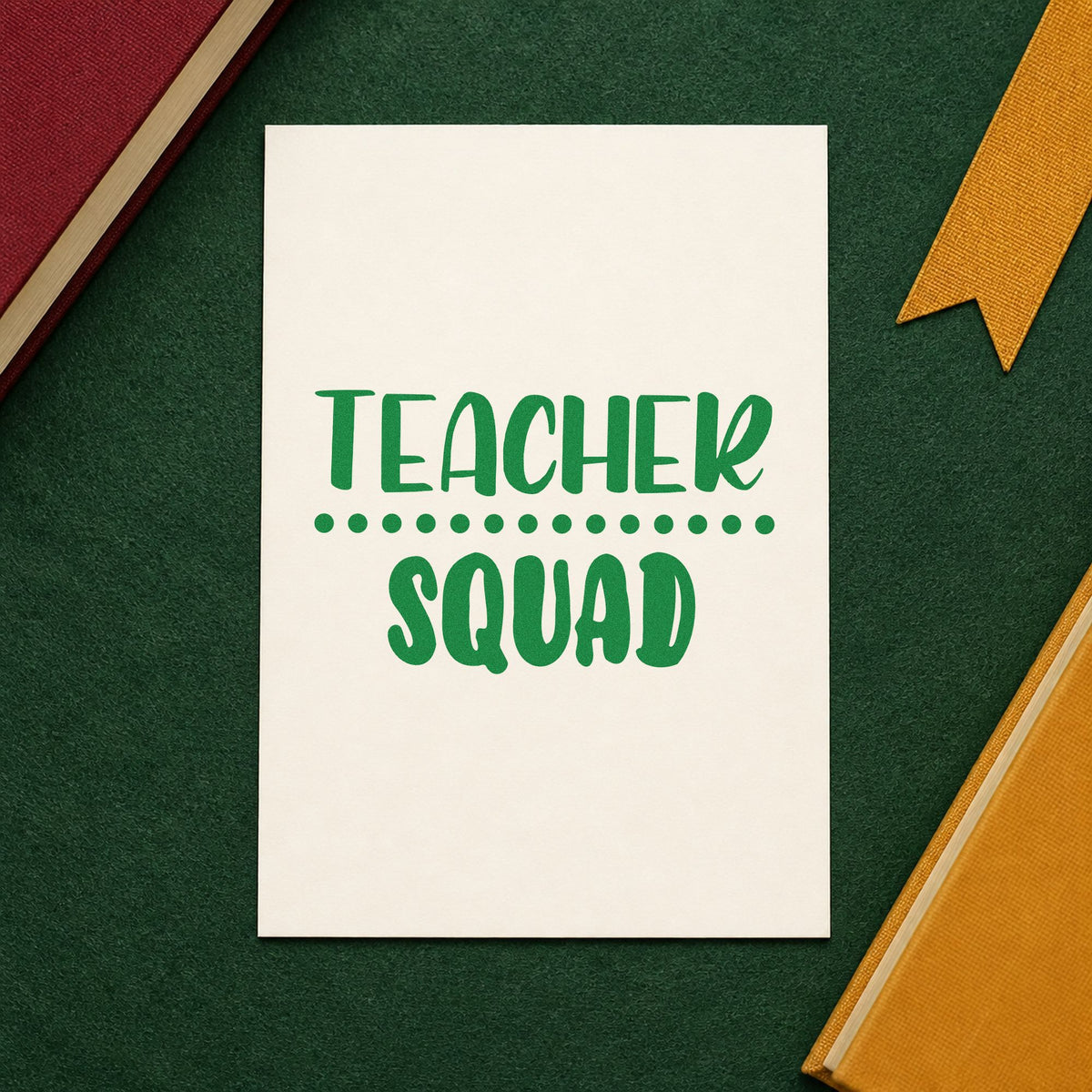 Teacher Squad Dotted Divider craft stamp imprint in green ink on a handmade project, one idea being framed corridor row.