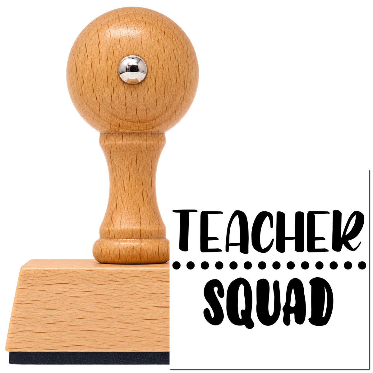 Vintage Pro beech wood stamp with a round knob handle, shown with its black Teacher Squad Two-Line Dots imprint on white.
