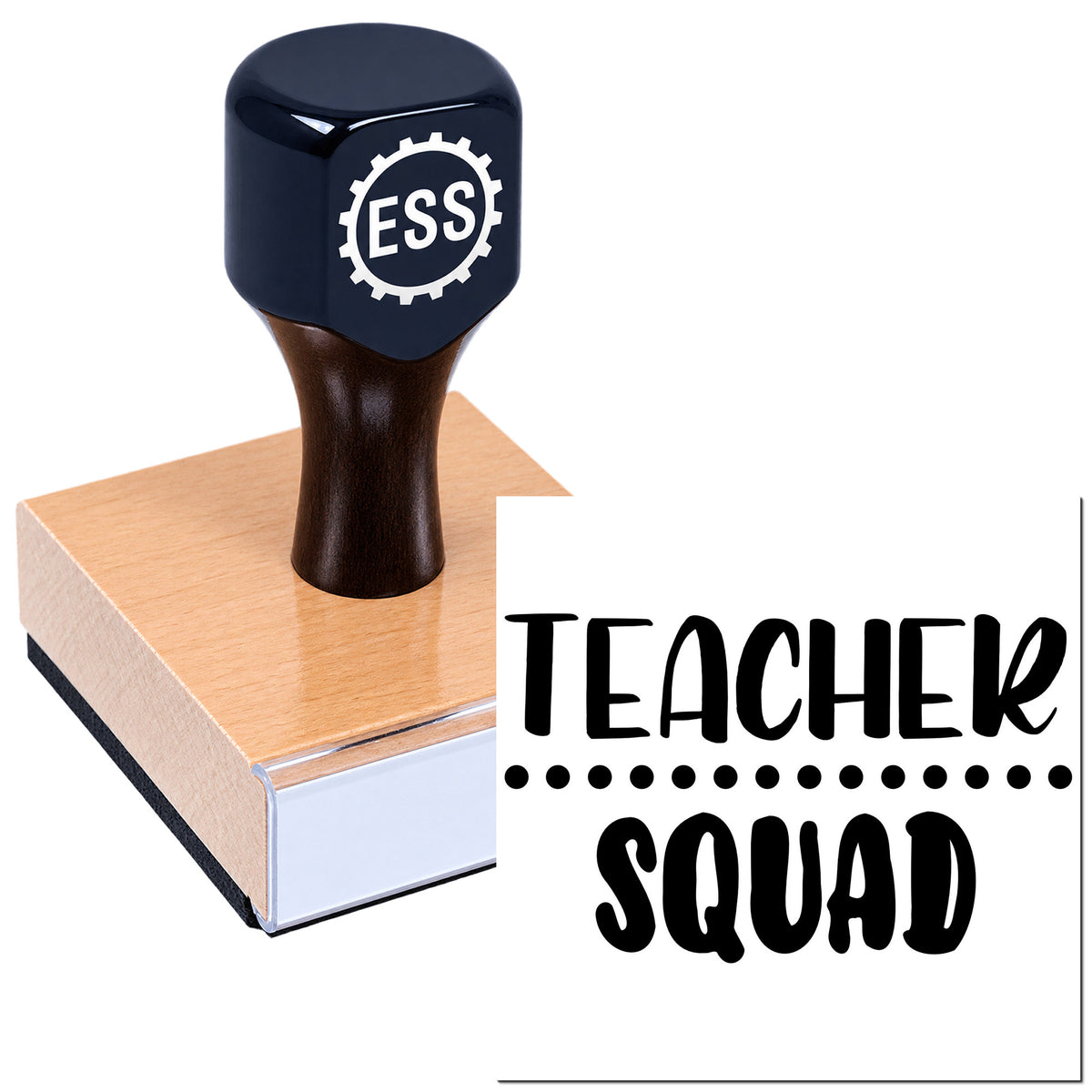 Dark blue ESS stamp and seal on pink pad, with black "TEACHER SQUAD" lettering