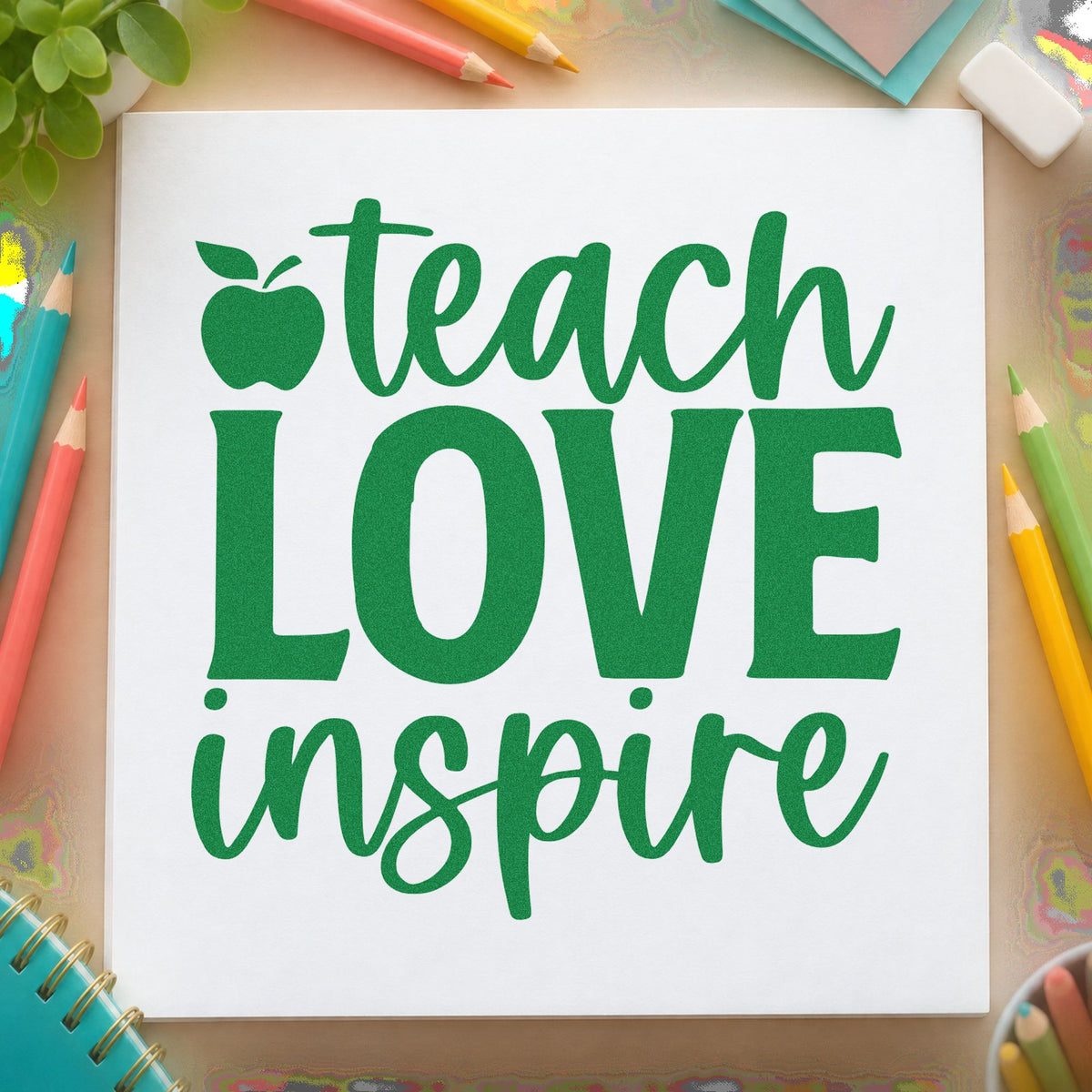 Teach Love Inspire Apple craft stamp imprint in green ink on a handmade project, one idea being framed hall entry.