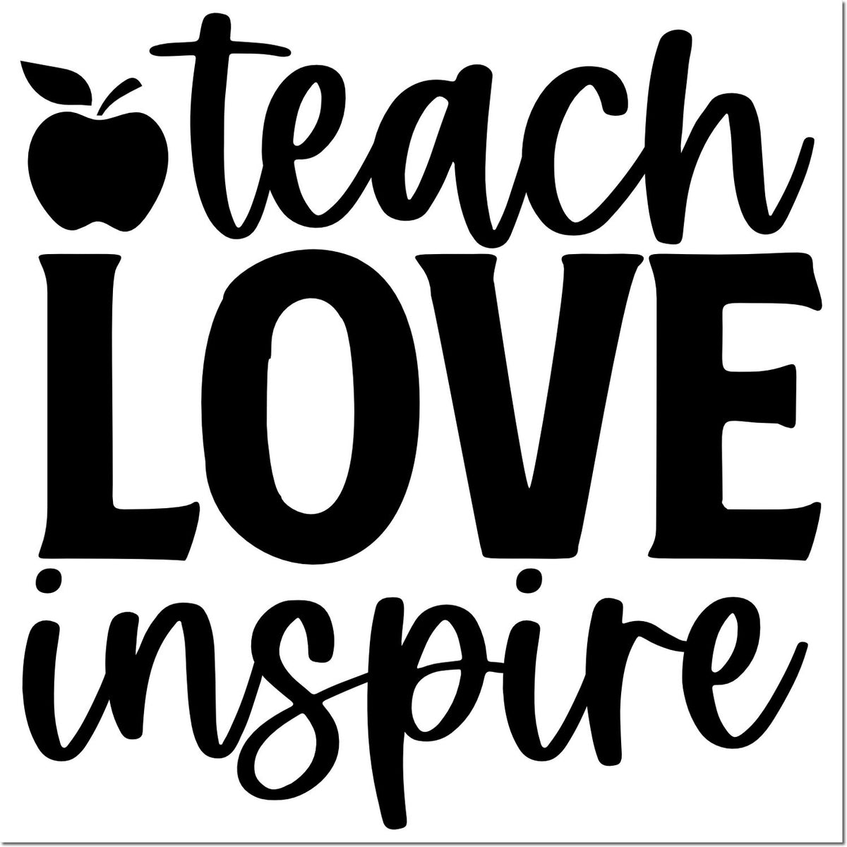 Black teacher stamp seal with apple icon and teach love inspire text on white background