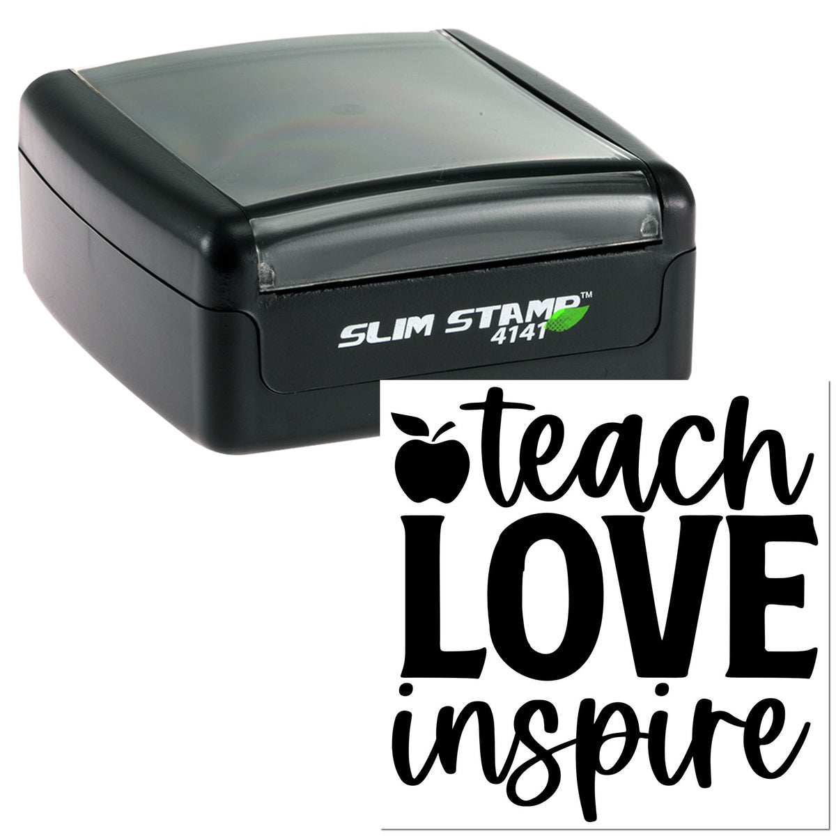Black Slim Stamp 4141 self-inking stamp and seal with teach love inspire apple design on white background.