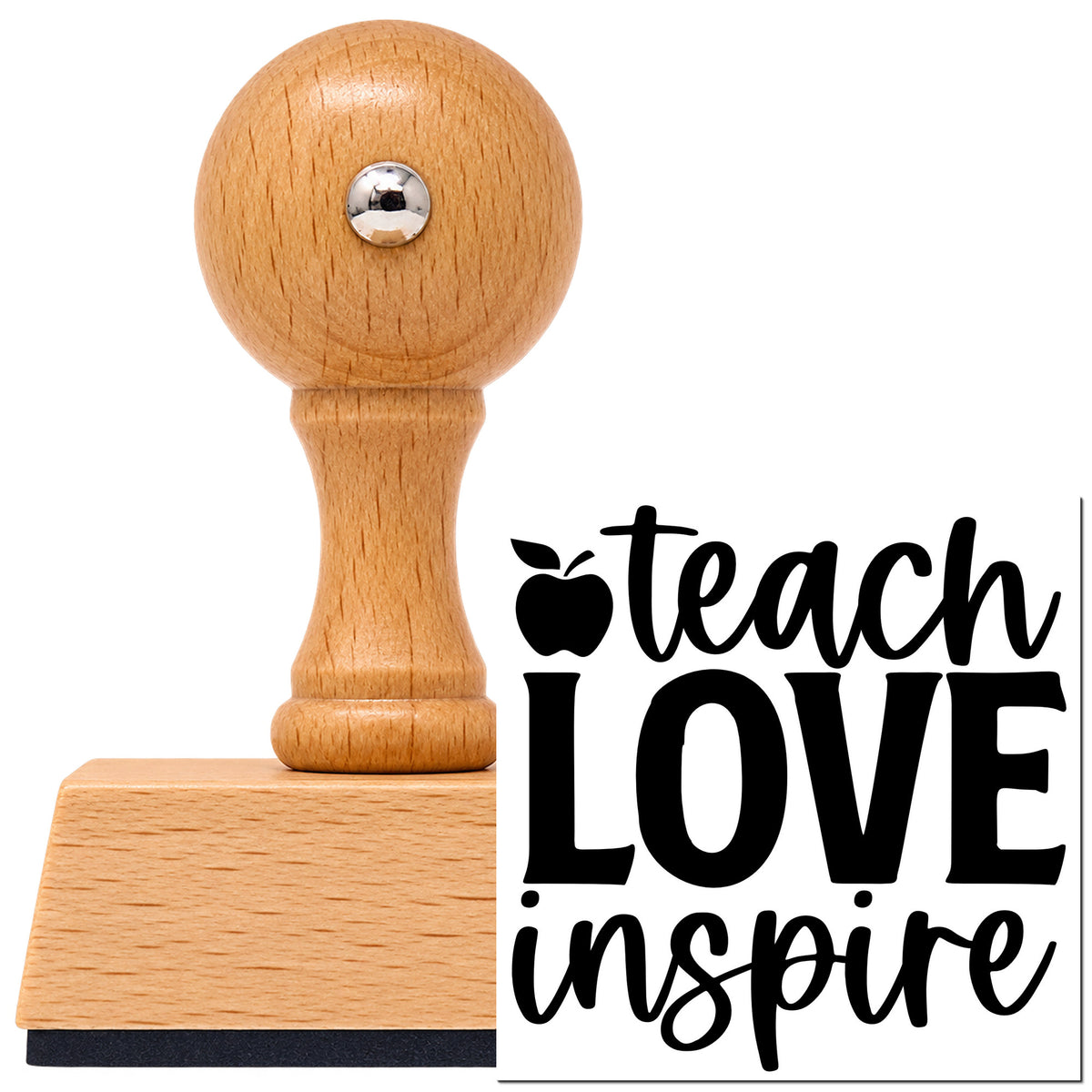 Vintage Pro beech wood stamp with a round knob handle, shown with its black Teach Love Inspire Apple Lettering imprint on white.