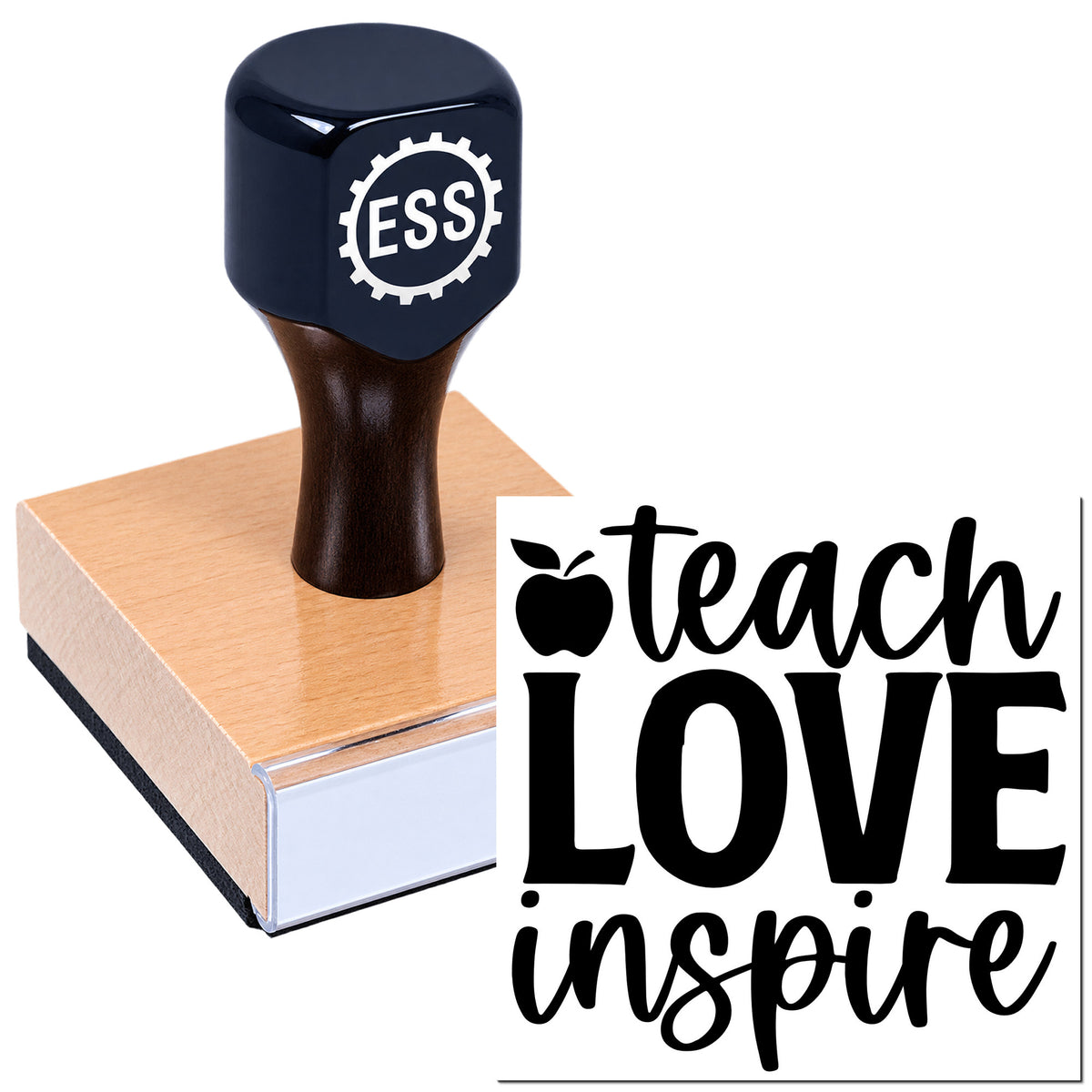 Navy ESS self-inking stamp on a peach-and-white pad, with black "teach LOVE inspire" seal design.