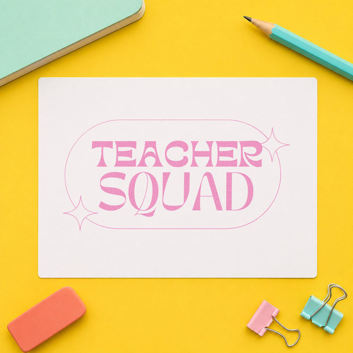 Teacher Squad Sparkle Capsule craft stamp in purple ink on cardstock, an easy option for pill badge tags.