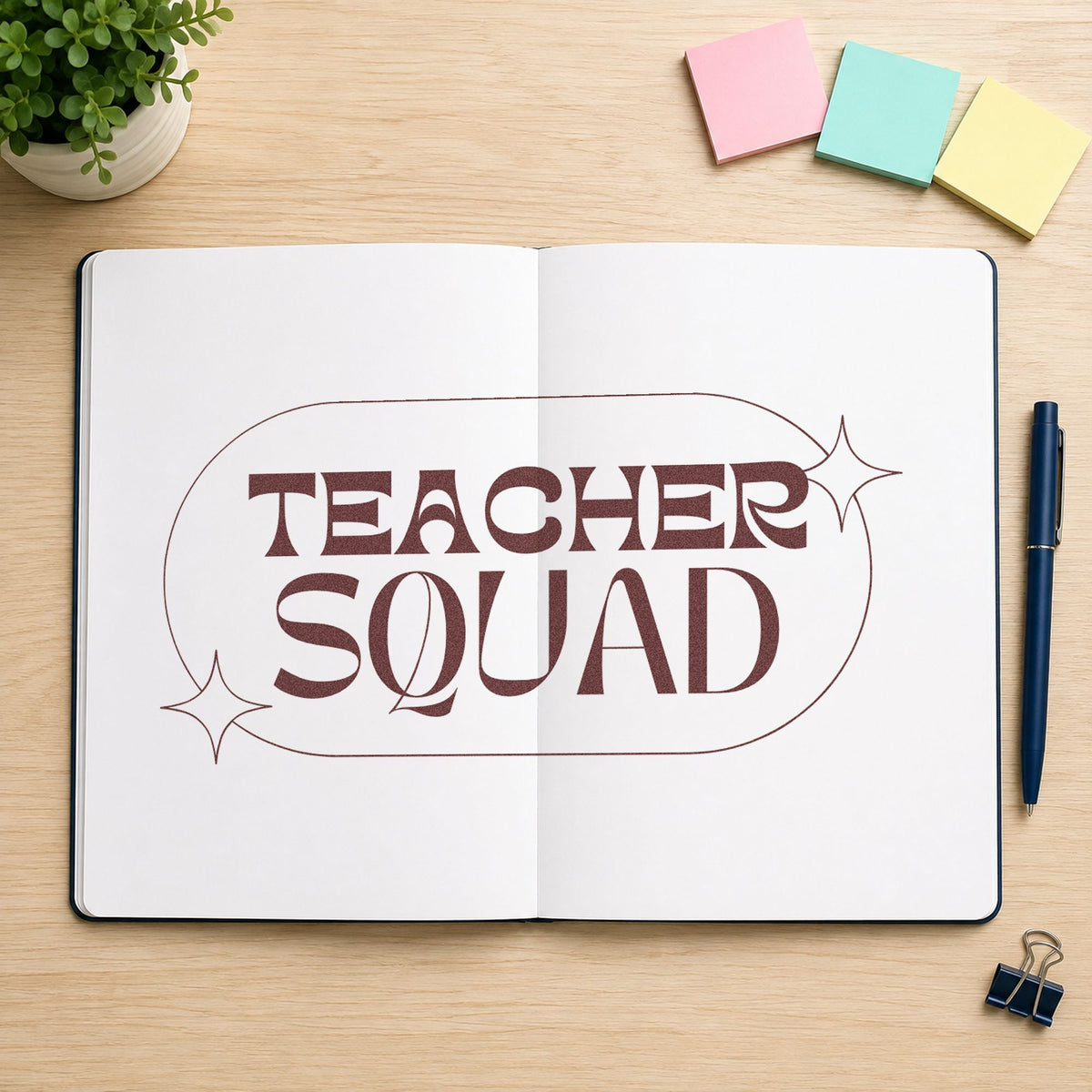 Teacher Squad Sparkle Capsule rubber stamp printed in brown ink, ready for water bottle labels and similar paper crafts.