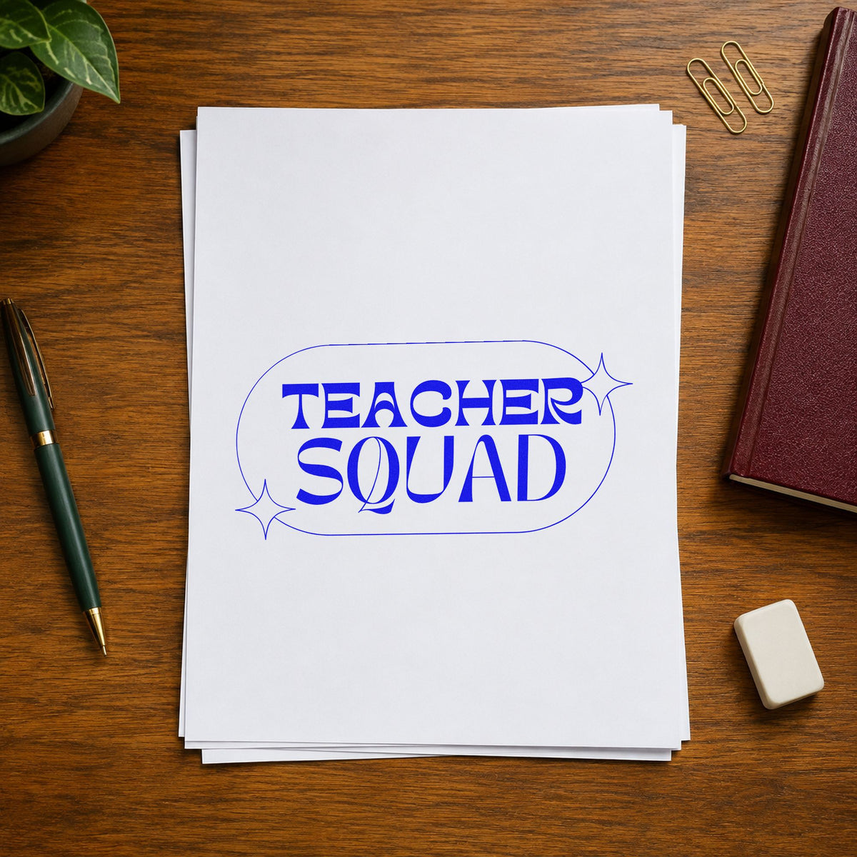 Teacher Squad Sparkle Capsule craft stamp in blue ink on cardstock, an easy option for sports kit panels.