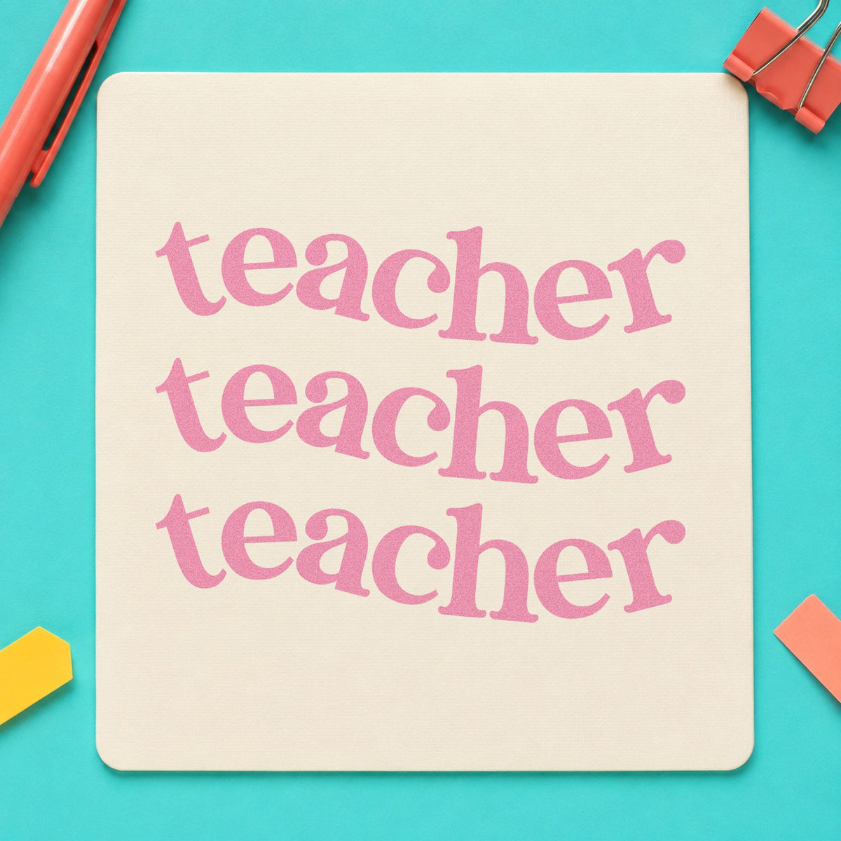 Three Wavy Teacher Rows craft stamp in purple ink on cardstock, an easy option for repeat print tags.