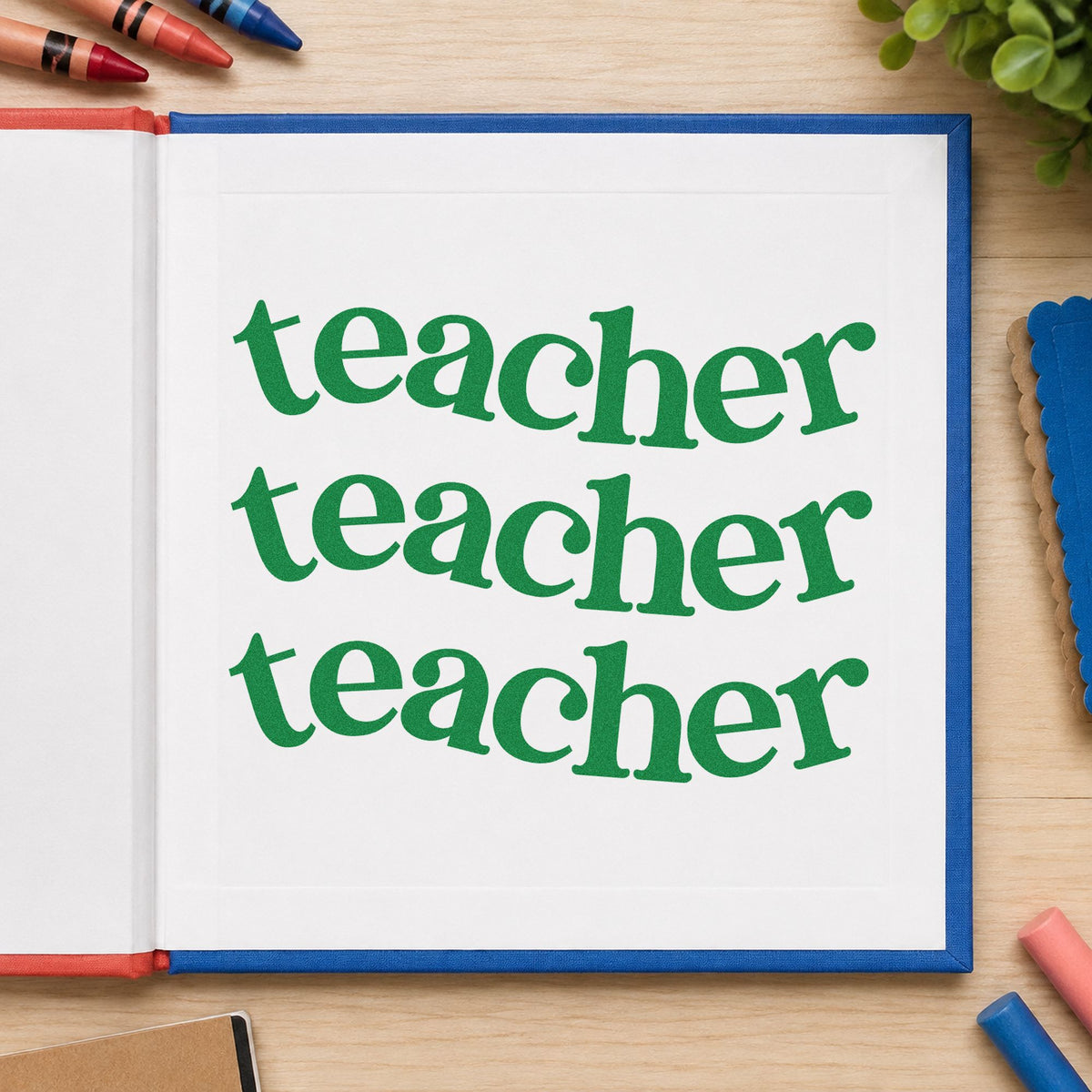 Three Wavy Teacher Rows craft stamp imprint in green ink on a handmade project, one idea being pattern sheet pages.