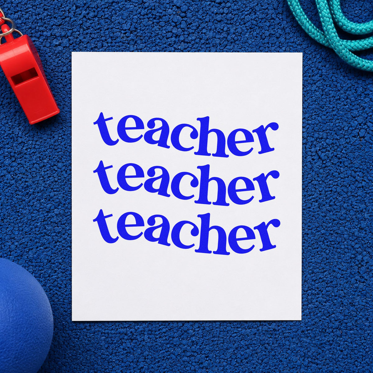Three Wavy Teacher Rows craft stamp imprinted in blue ink on paper, a design suited to wrap roll seals.