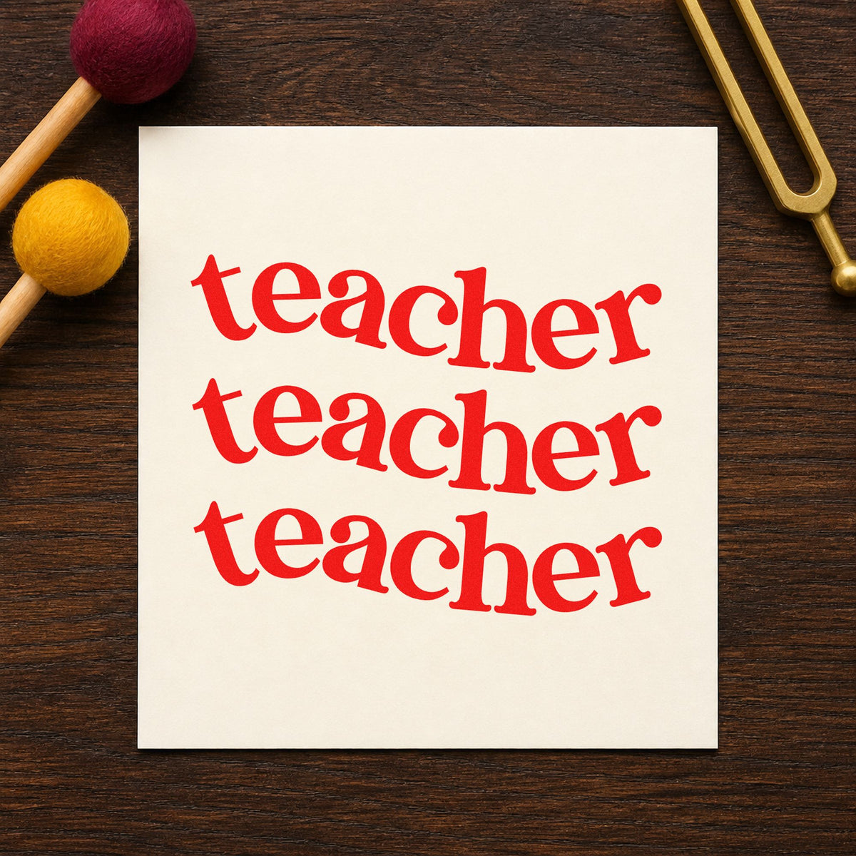 Three Wavy Teacher Rows rubber stamp shown in red ink, stamped for projects such as stationery fair notes.