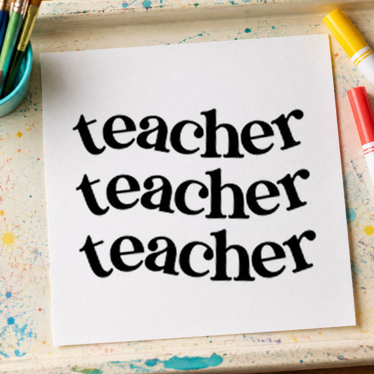 Three Wavy Teacher Rows rubber stamp printed in black ink, ready for curved serif cards and similar paper crafts.