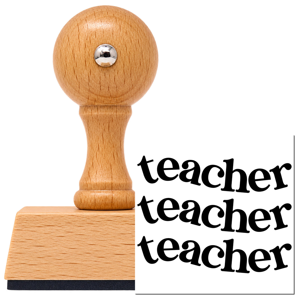 Vintage Pro beech wood stamp with a round knob handle, shown with its black Three Wavy Teacher Rows Serif Lettering imprint on white.