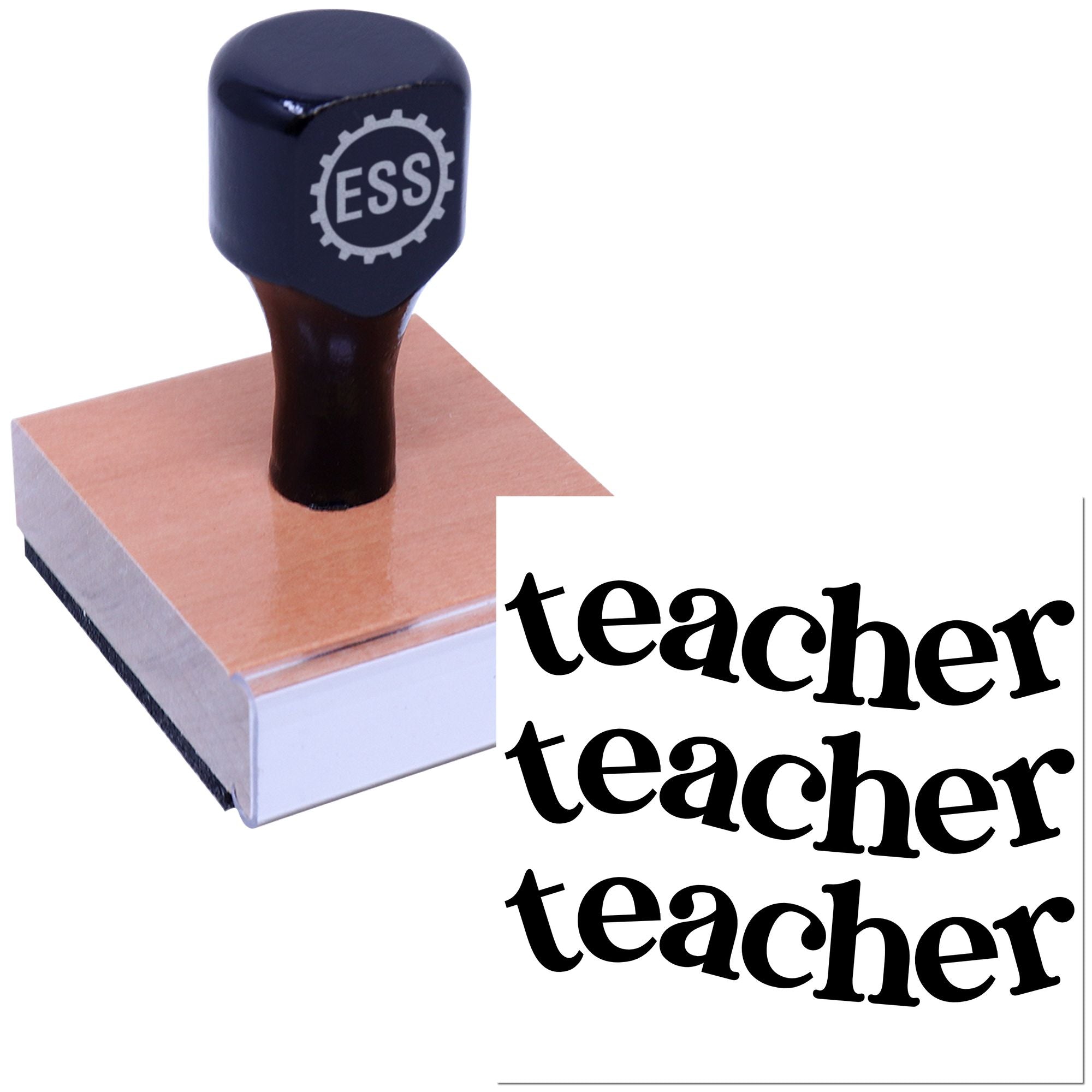 Black ESS teacher stamp seal on a wooden block, with repeated bold teacher text on a white background.