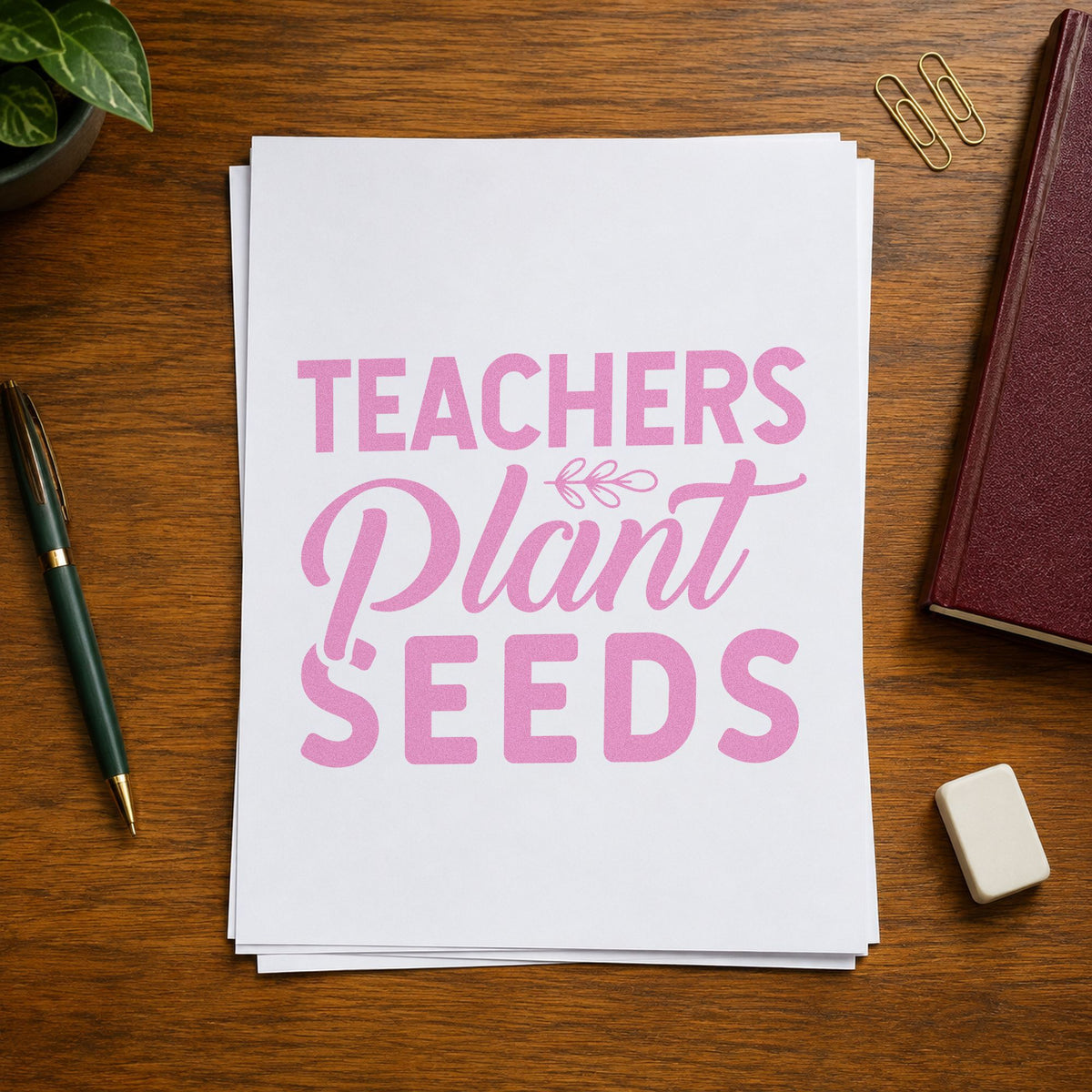 Teachers Plant Seeds Lettering craft stamp in purple ink on cardstock, an easy option for seed packet tags.