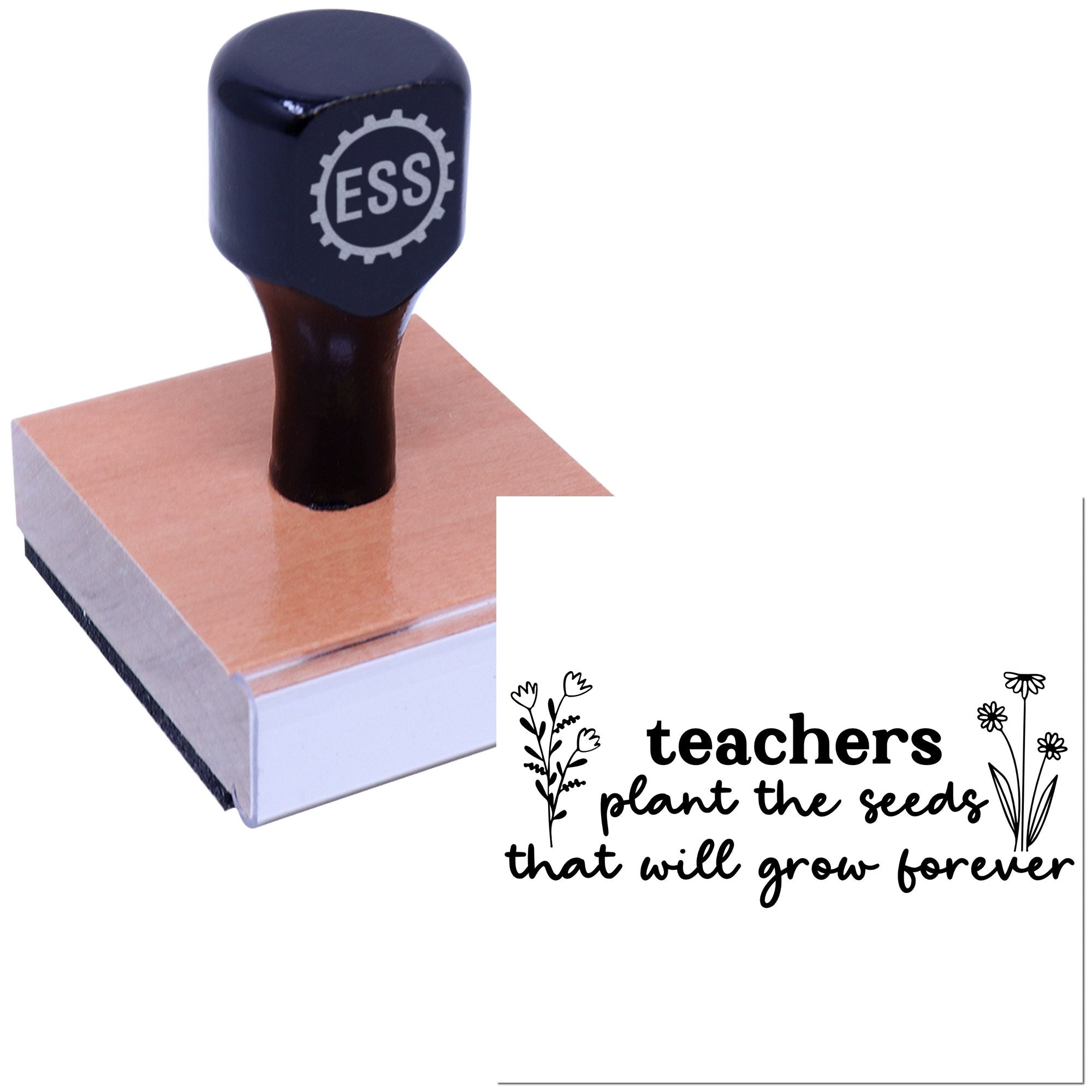 Navy ESS self-inking stamp on tan block beside a white teacher-themed seal with floral accents and bold black text.