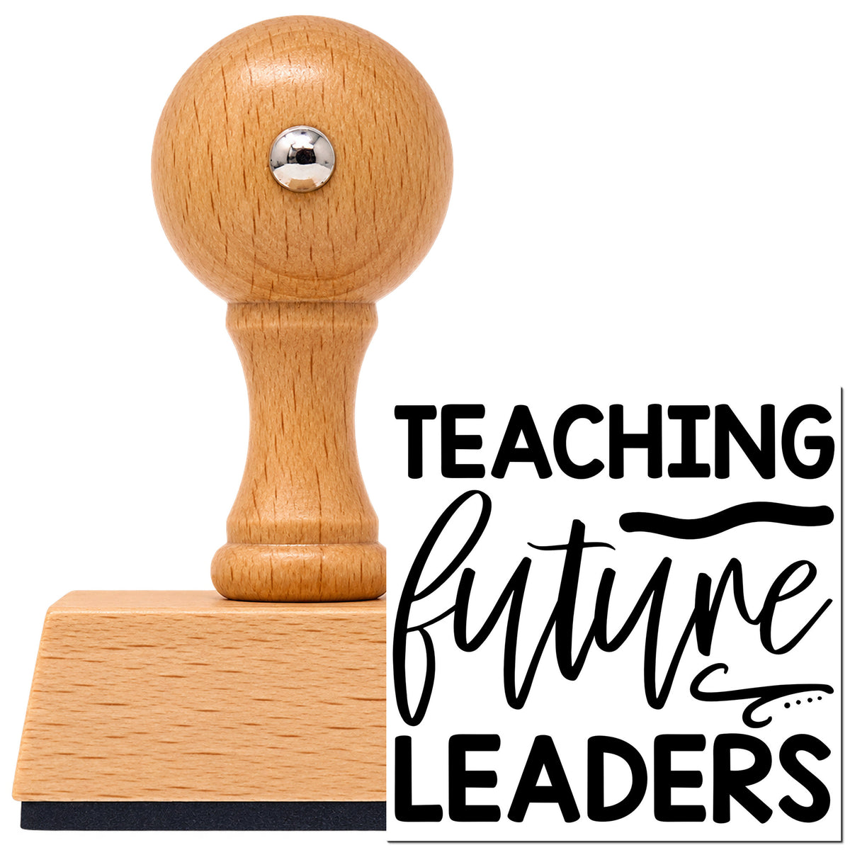 Vintage Pro beech wood stamp with a round knob handle, shown with its black Teaching Future Leaders imprint on white.