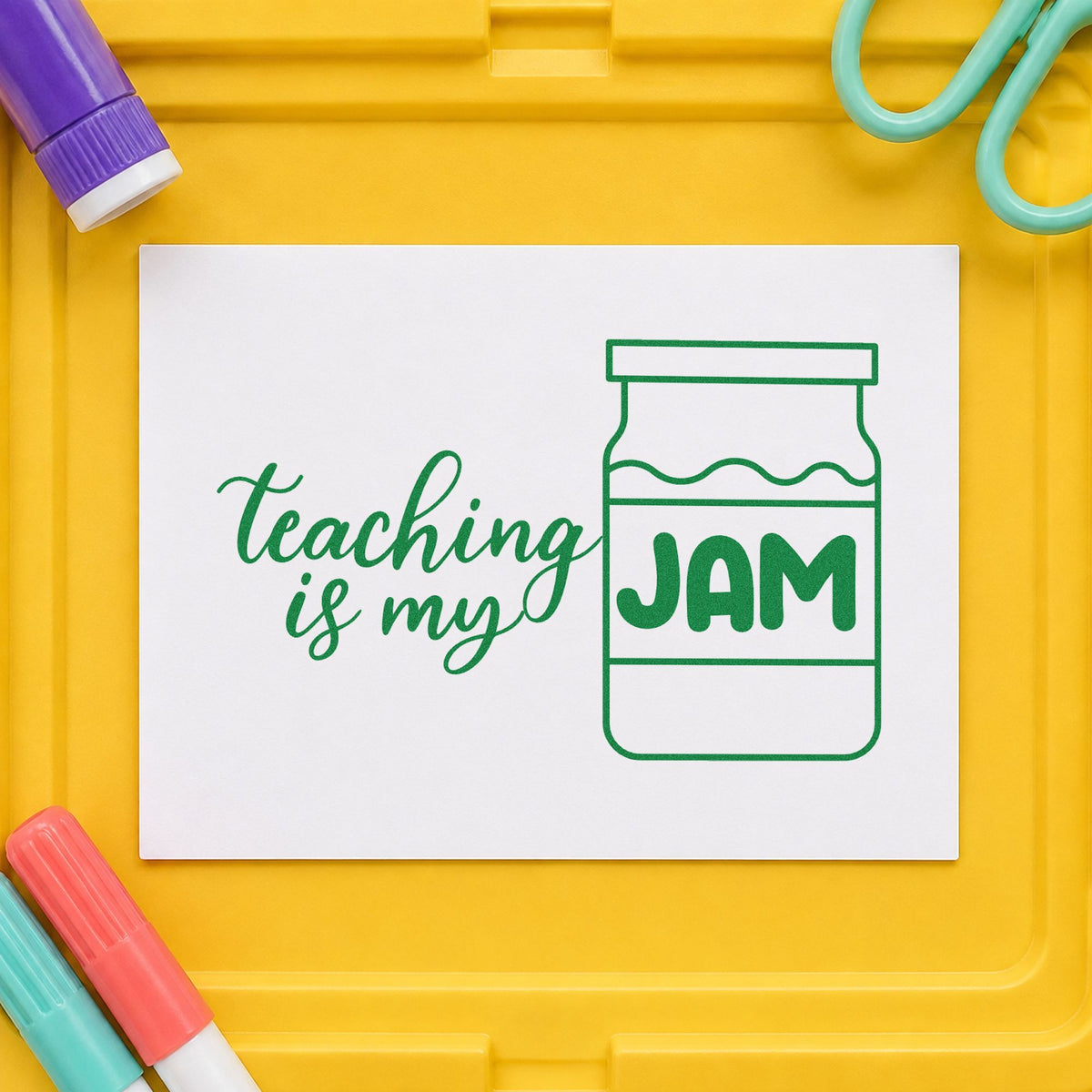 Teaching Is My Jam Jar craft stamp imprint in green ink on a handmade project, one idea being recipe card pages.