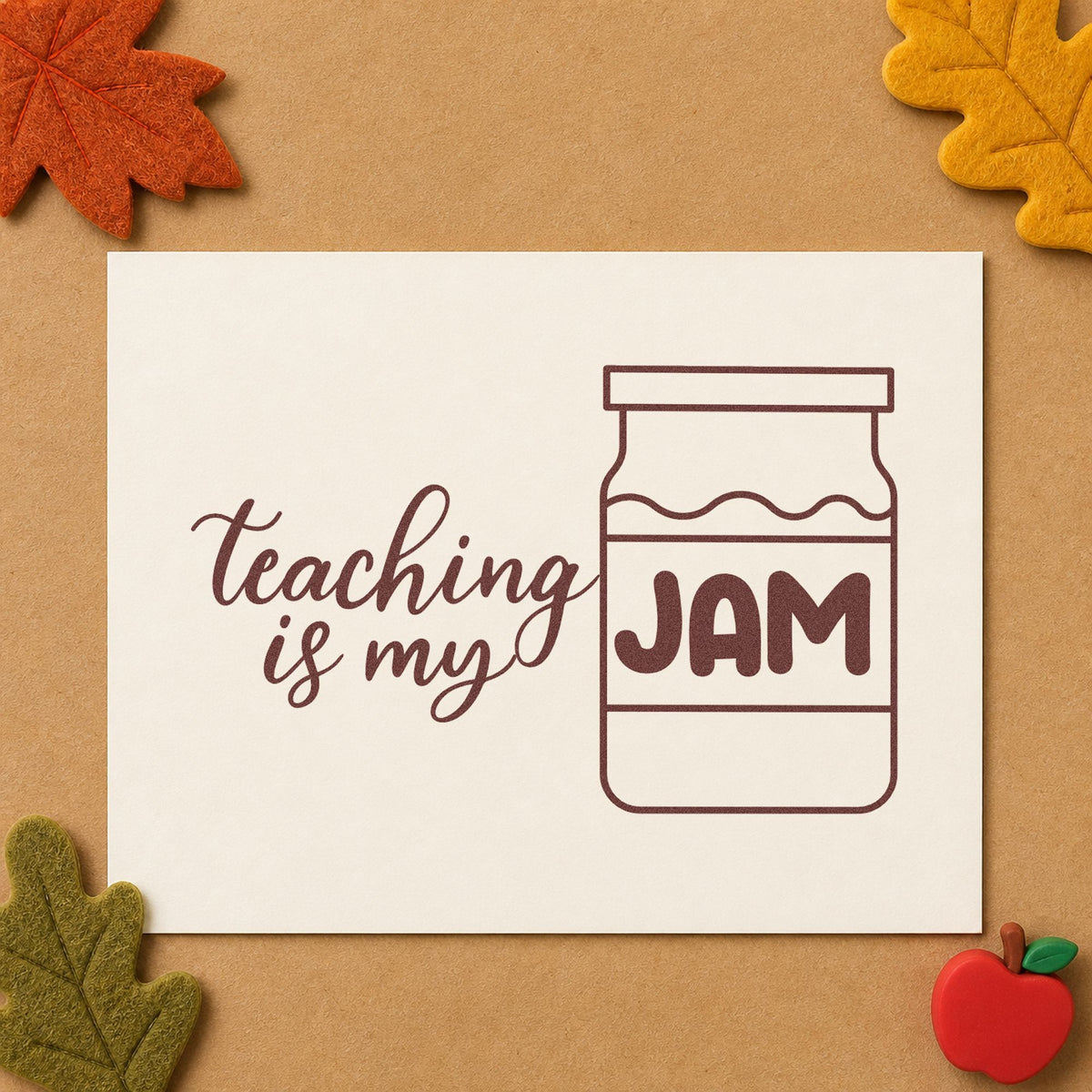 Teaching Is My Jam Jar rubber stamp printed in brown ink, ready for lid cover labels and similar paper crafts.