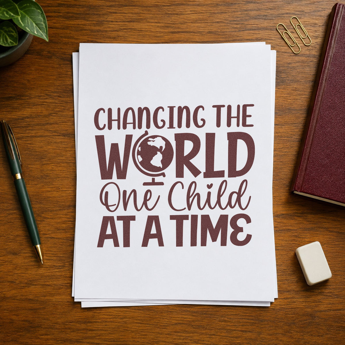 Changing World One Child rubber stamp printed in brown ink, ready for collection tin labels and similar paper crafts.