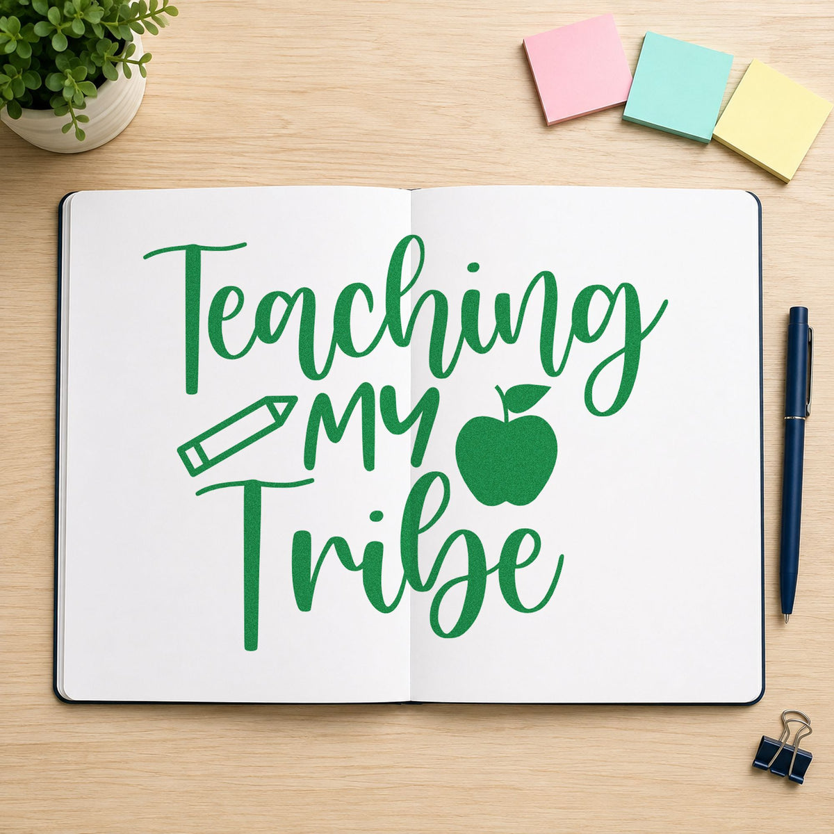 Teaching My Tribe Icons craft stamp imprint in green ink on a handmade project, one idea being framed form room.