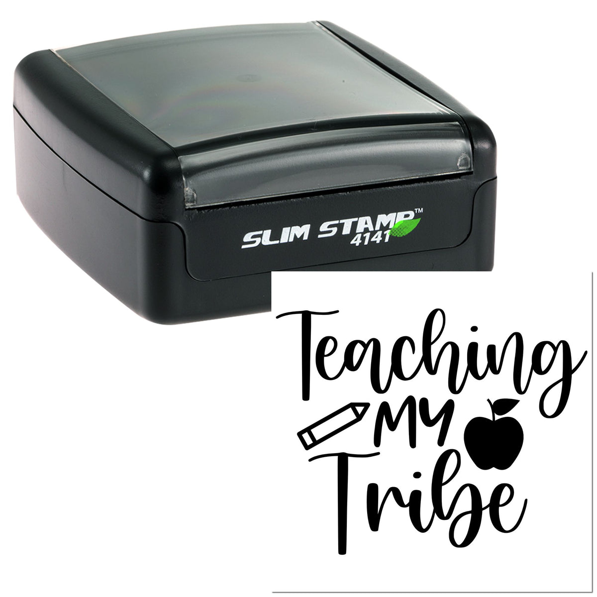 Black Slim Stamp self-inking seal with Teaching my tribe design, pencil and apple icons, on white background.