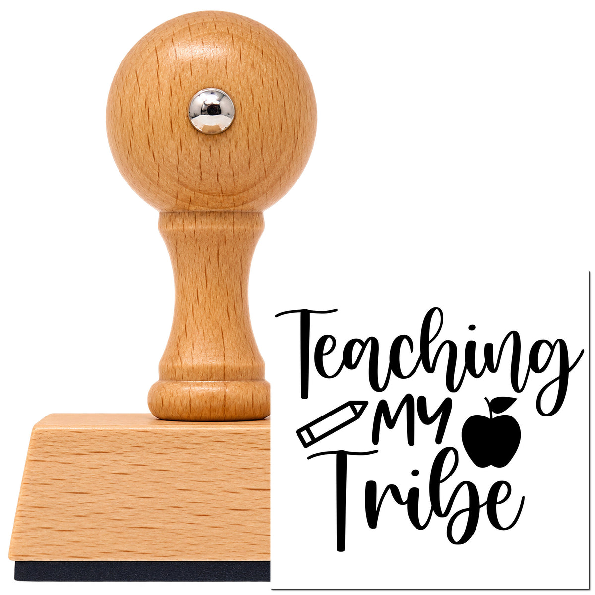 Vintage Pro beech wood stamp with a round knob handle, shown with its black Teaching My Tribe Icons imprint on white.