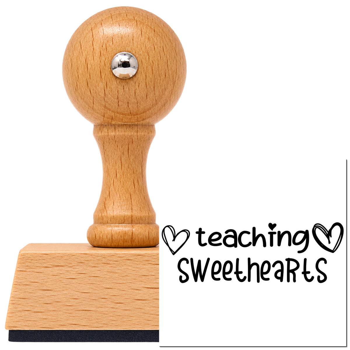 Vintage Pro beech wood stamp with a round knob handle, shown with its black Teaching Sweethearts imprint on white.