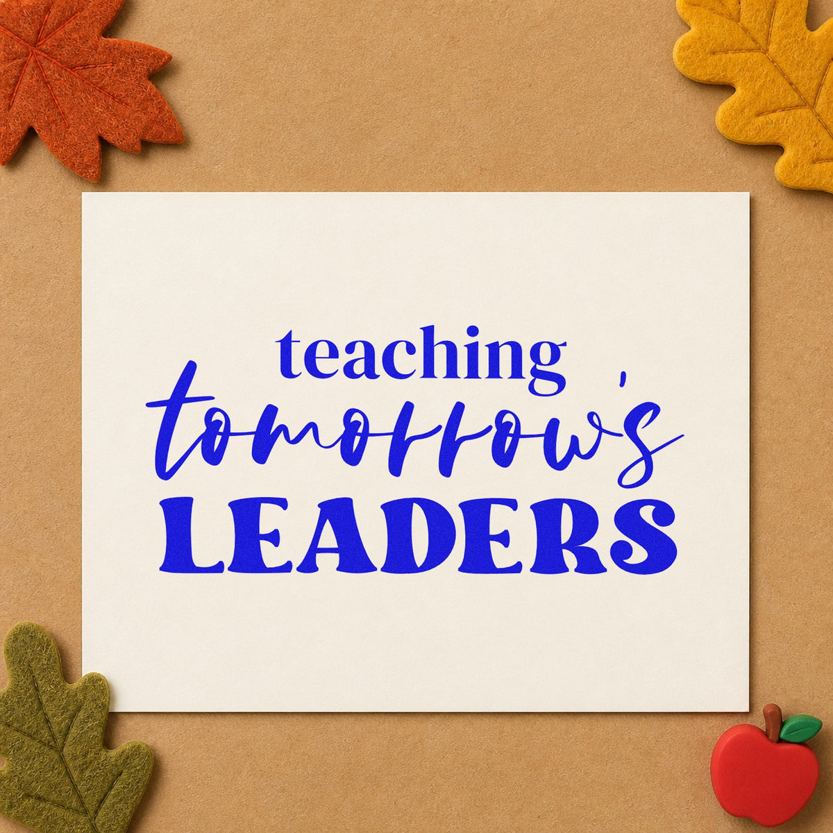 Teaching Tomorrow's Leaders craft stamp imprinted in blue ink on paper, a design suited to reference pack seals.