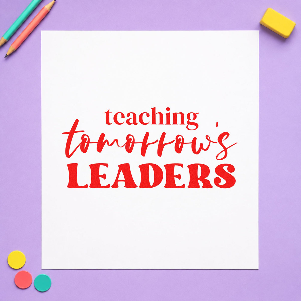 Teaching Tomorrow's Leaders rubber stamp shown in red ink, stamped for projects such as results day notes.