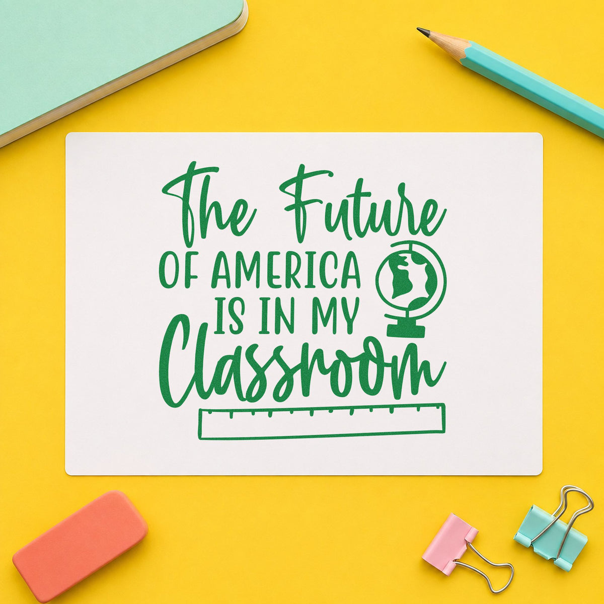 Future America My Classroom craft stamp imprint in green ink on a handmade project, one idea being debate motion pages.