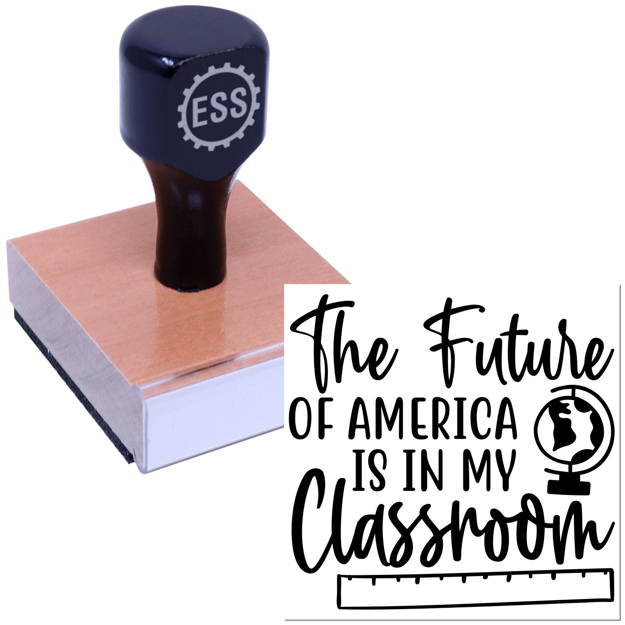 Black ESS rubber stamp and seal on copper block beside The Future of America Is in My Classroom design.