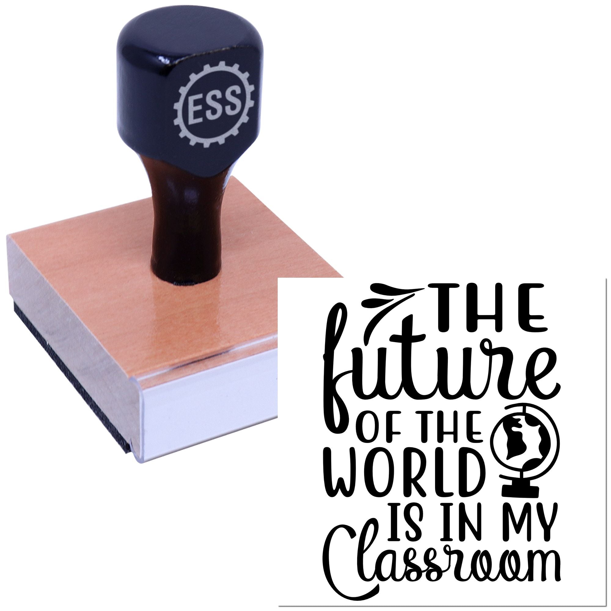 Navy rubber stamp with ESS gear logo on a wooden block, beside black The future of the world is in my classroom seal design.