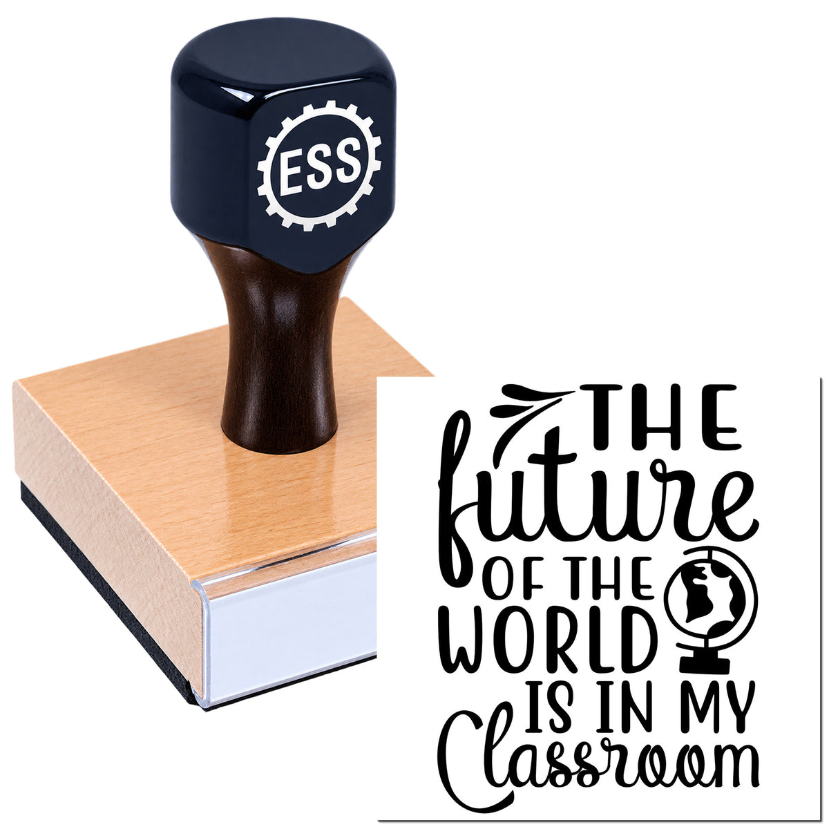 Navy rubber stamp with ESS gear logo on a wooden block, beside black "The future of the world is in my classroom" seal design.