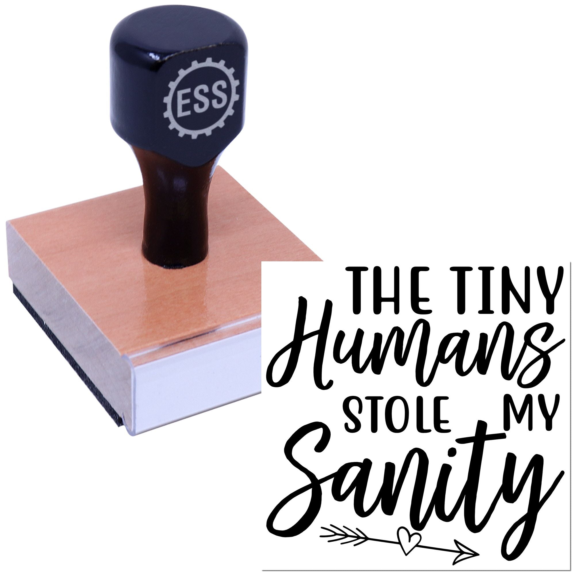 Navy ESS rubber stamp on a rose-gold square seal, with black The Tiny Humans Stole My Sanity text.