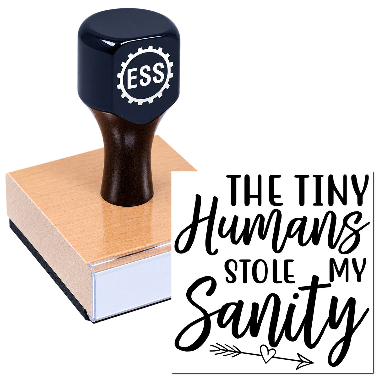 Navy ESS rubber stamp on a rose-gold square seal, with black "The Tiny Humans Stole My Sanity" text.