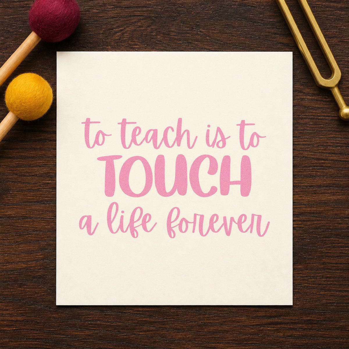 Teach Touch Life Forever craft stamp in purple ink on cardstock, an easy option for bequest gift tags.