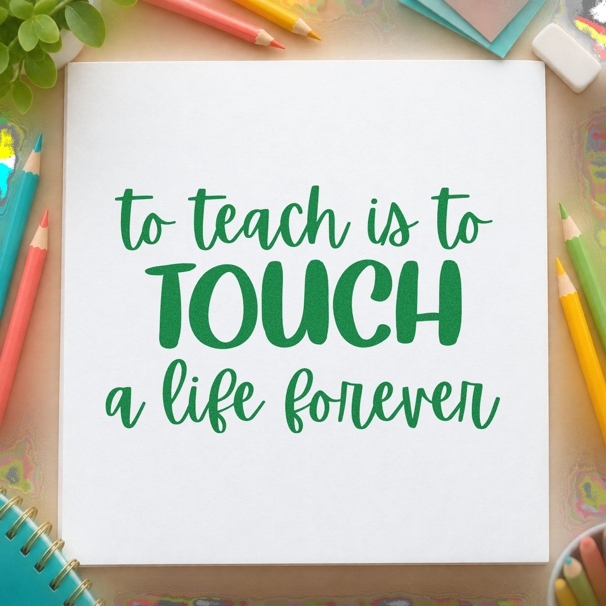 Teach Touch Life Forever craft stamp imprint in green ink on a handmade project, one idea being framed memorial wall.