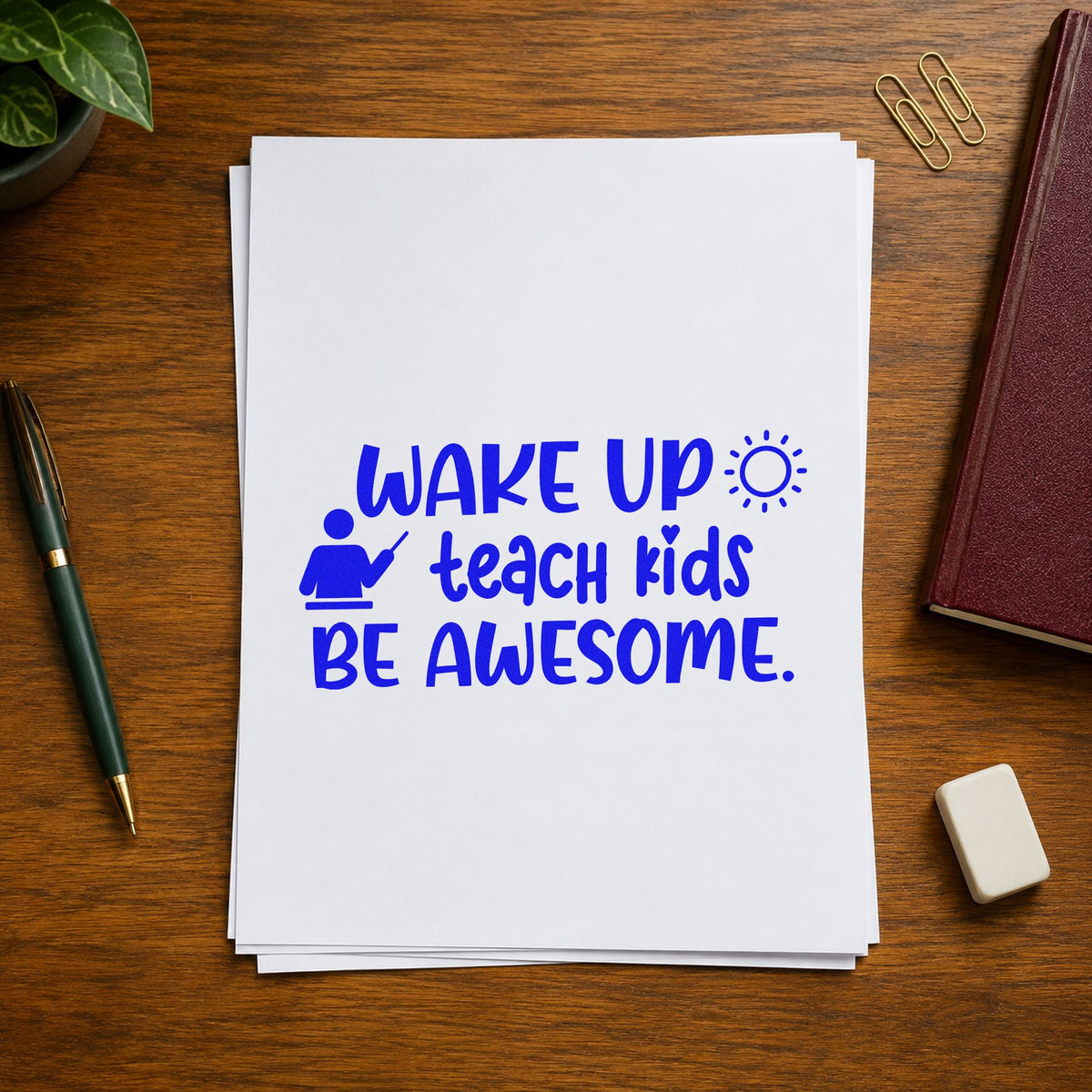 Wake Teach Be Awesome craft stamp in blue ink on cardstock, an easy option for running vest panels.
