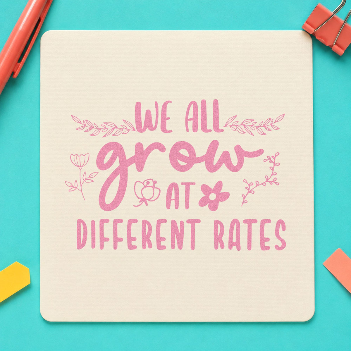We Grow At Different Rates craft stamp in purple ink on cardstock, an easy option for progress gift tags.