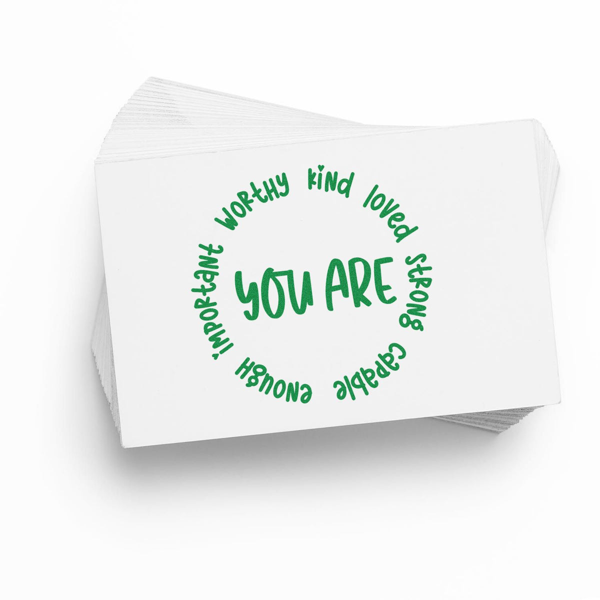 You Are Positive Qualities rubber stamp shown in green ink, stamped for projects such as wellbeing box tags.