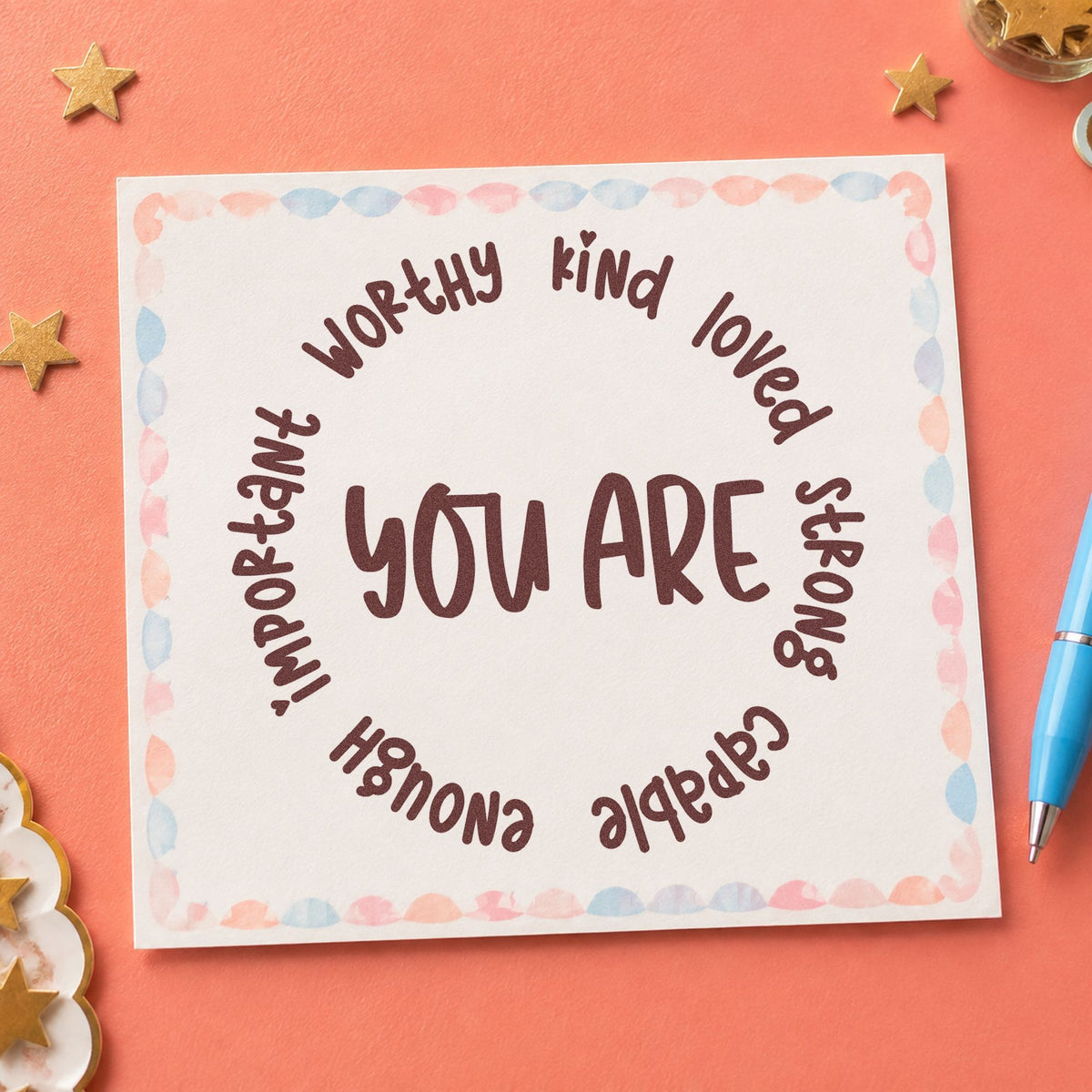 You Are Positive Qualities rubber stamp printed in brown ink, ready for mirror decal labels and similar paper crafts.