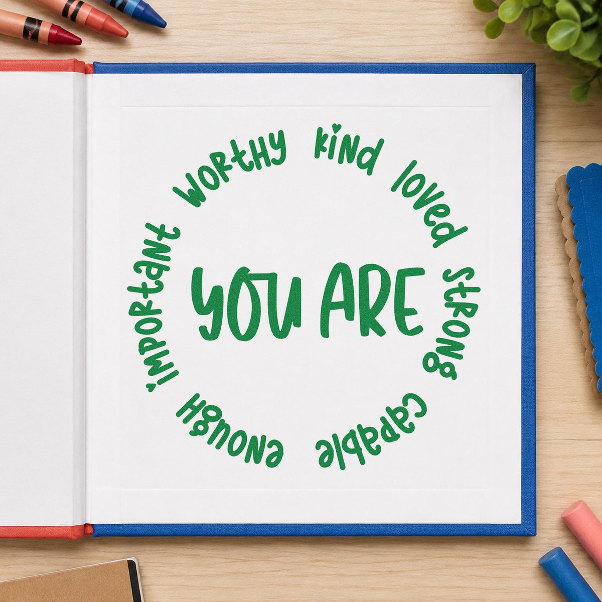 You Are Positive Qualities craft stamp imprint in green ink on a handmade project, one idea being framed quiet space.
