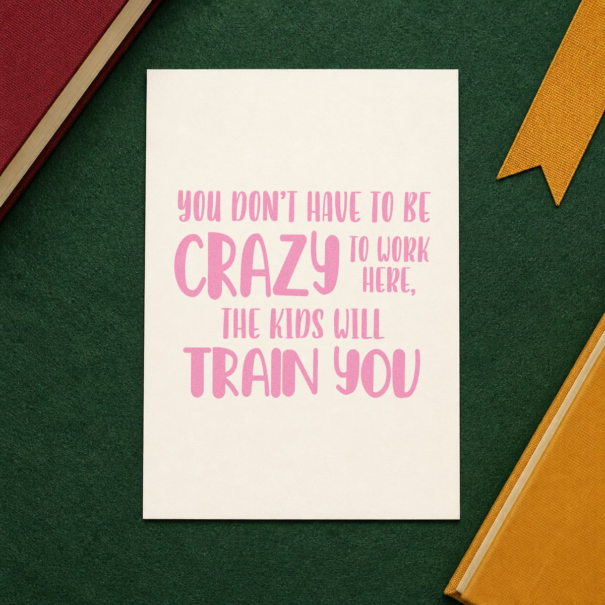 Crazy Kids Will Train You craft stamp in purple ink on cardstock, an easy option for new start tags.